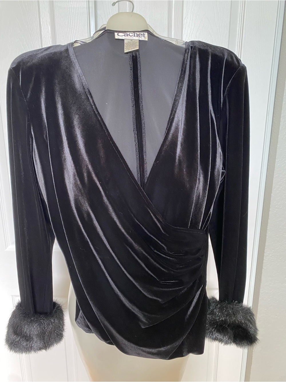 Cachet Black Velvet Draped Wrap Top with Faux-Fur Cuffs